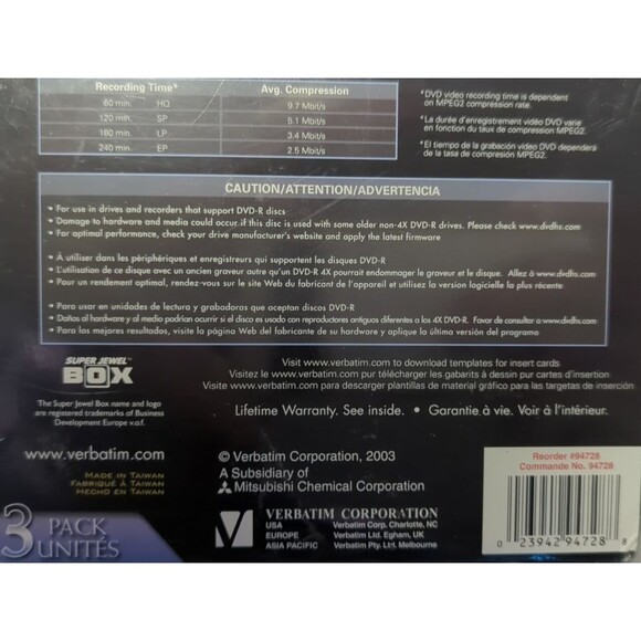 Verbatim Digital Movie DVD-R 3-Pack 4x Write Speed 120min/4.7gb Per Disc - Picture 8 of 10